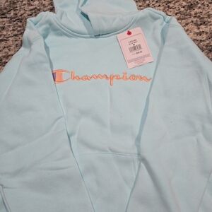 Champion Light Aqua Hoodie with Coral Script Logo